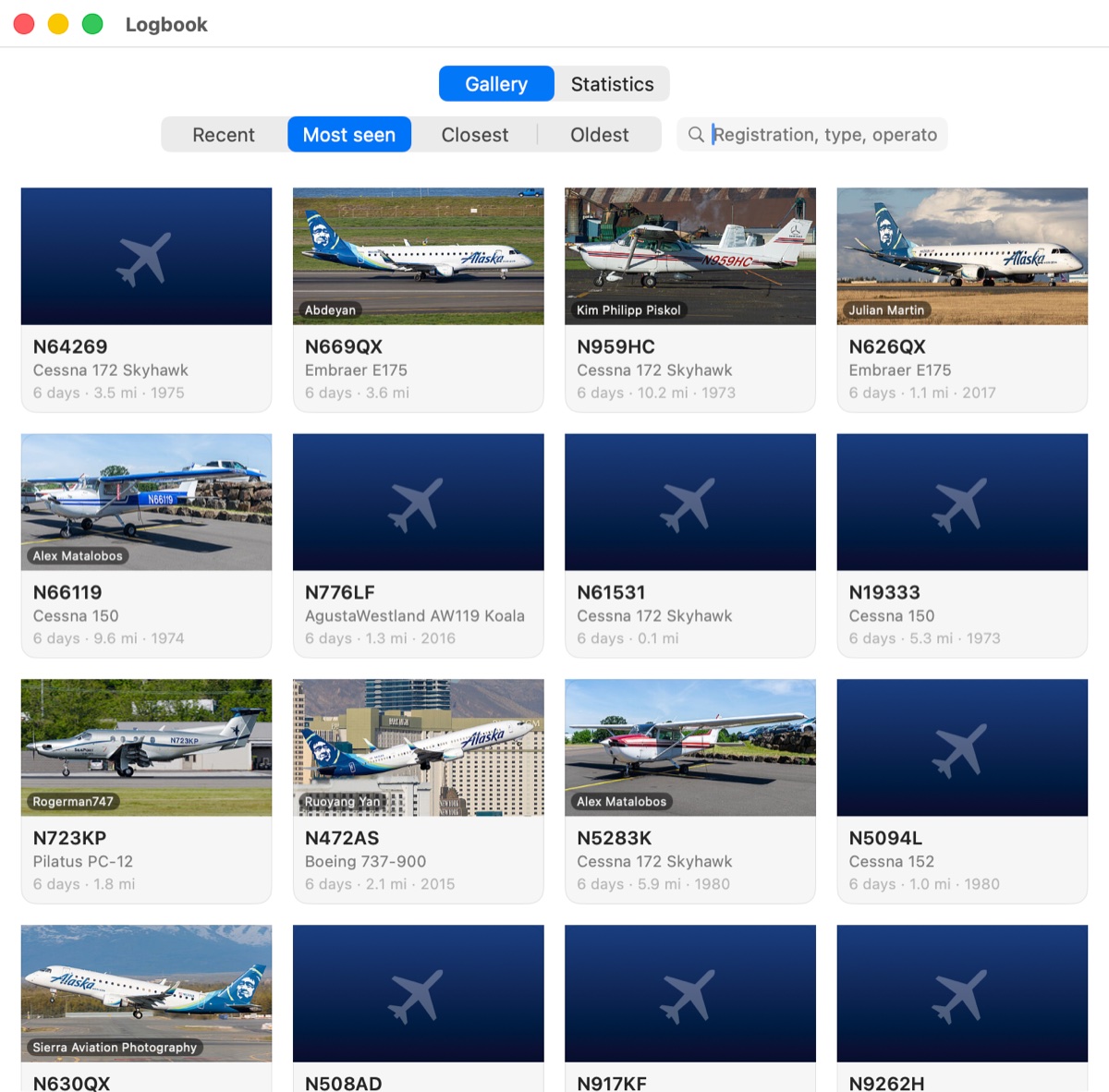 The logbook gallery: a grid of aircraft photos with registration, type, distance and year built.