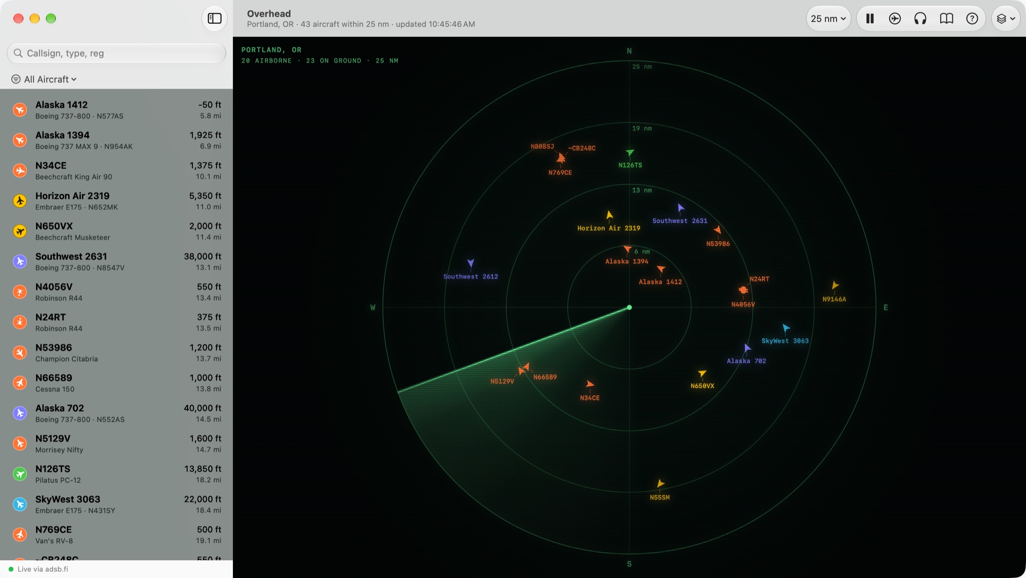 The radar scope in 1962 mode: scanlines and a darkened edge over the green rings, the picture glowing softly, with the aircraft labelled by their radio names such as Alaska and Horizon Air rather than by code.