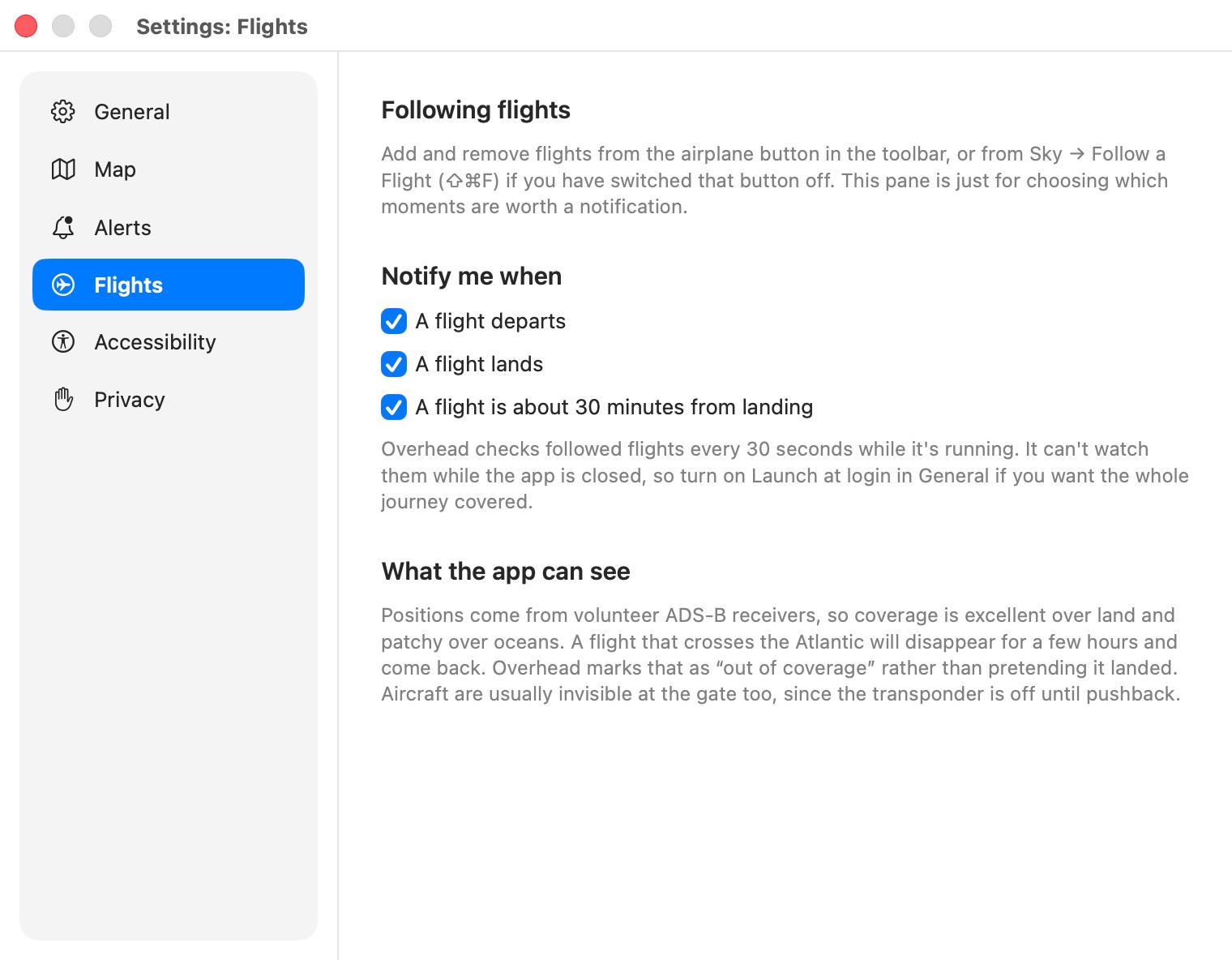 Overhead's Flights settings: notifications when a followed flight departs, lands or nears landing.