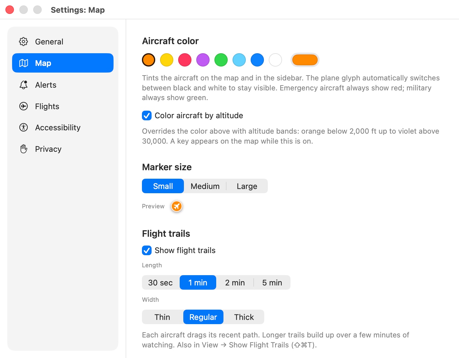 Overhead's Map settings: aircraft colour, colour by altitude, marker size, trails and map style.